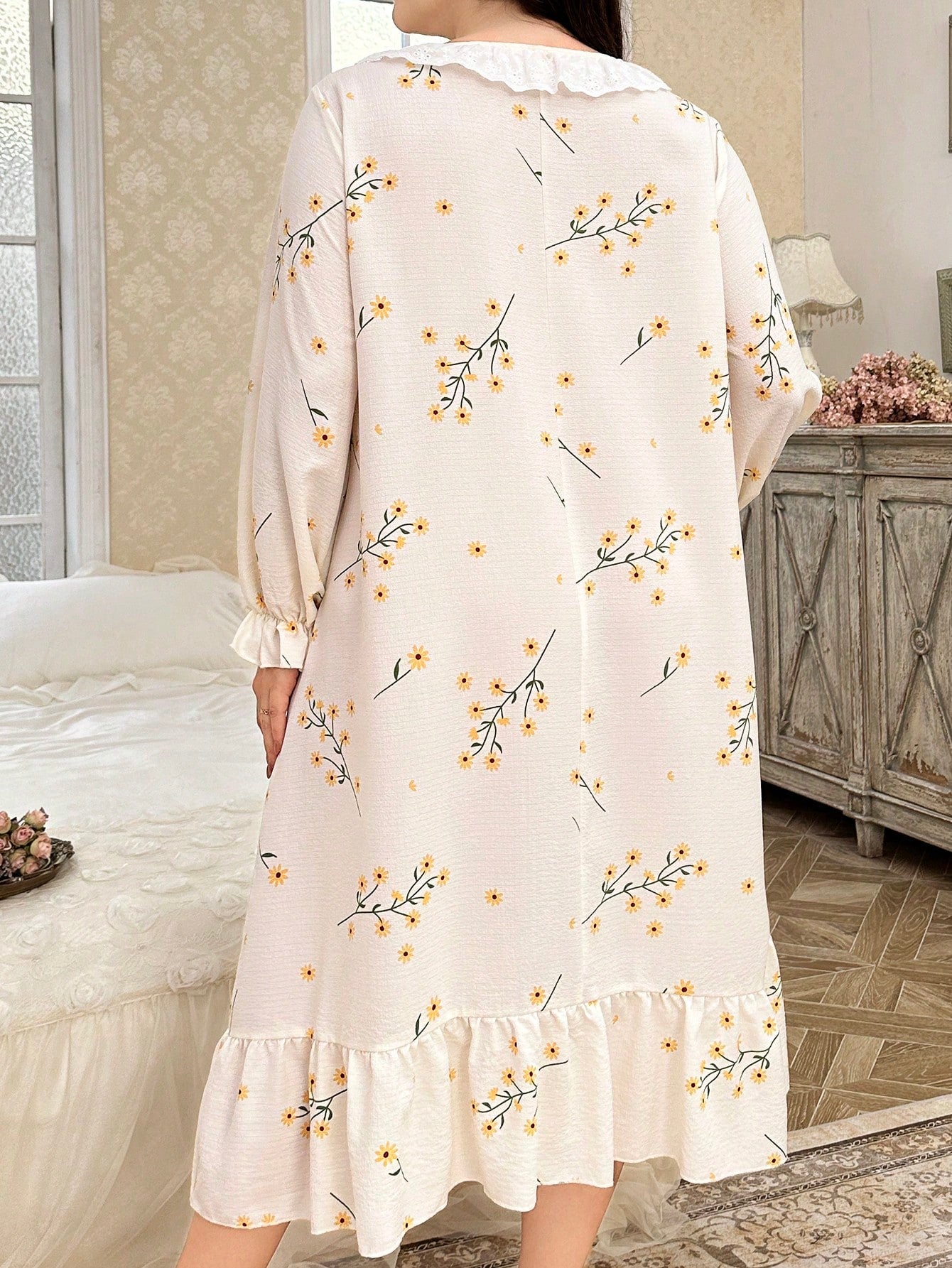 Plus Size Long Sleeve Nightgown With Embroidered Flower Trim, Tie-Neck Floral Print