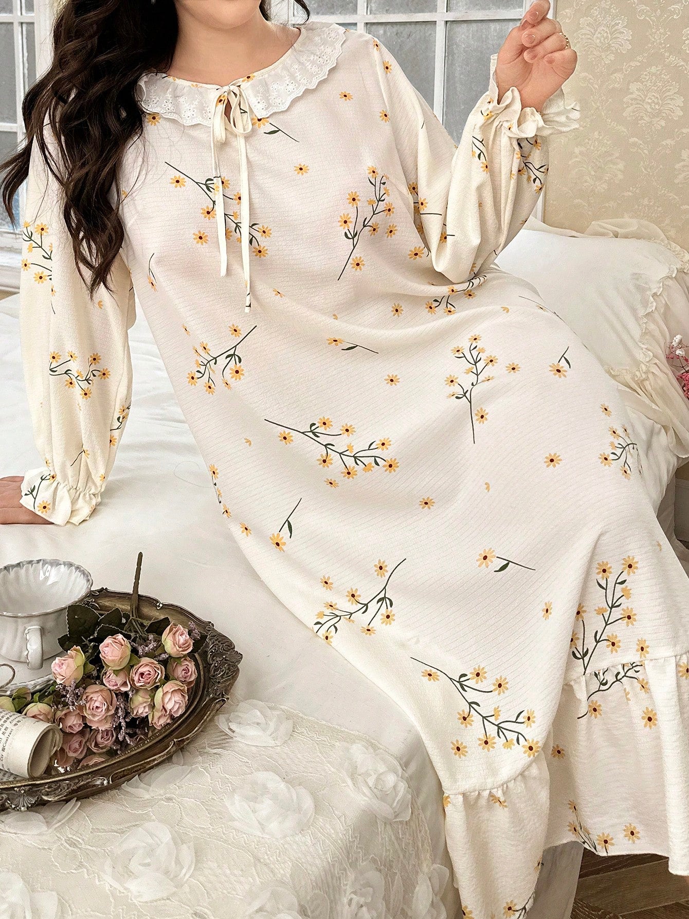 Plus Size Long Sleeve Nightgown With Embroidered Flower Trim, Tie-Neck Floral Print