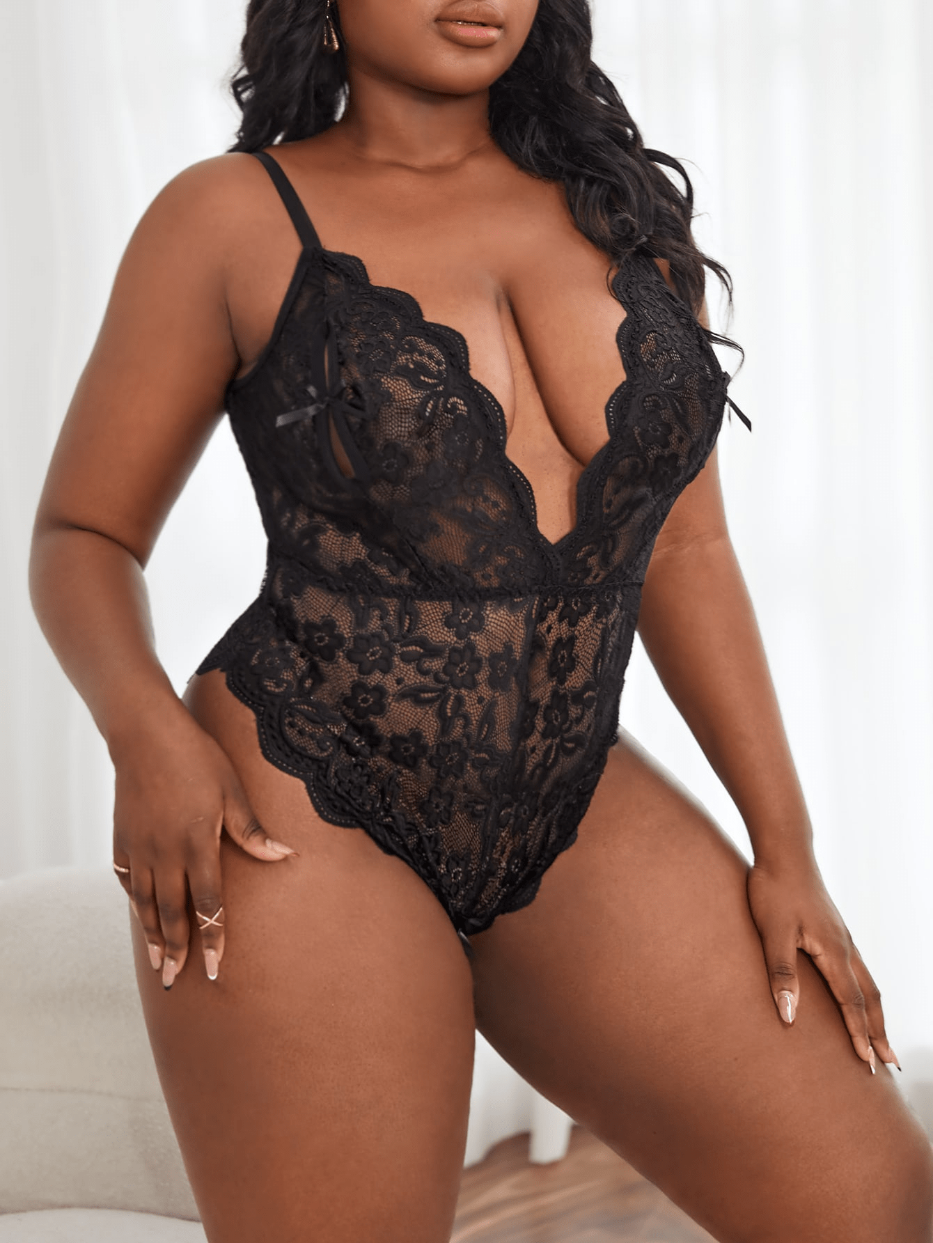 Plus Size Women Lace Sheer V-Neck Teddy Jumpsuit