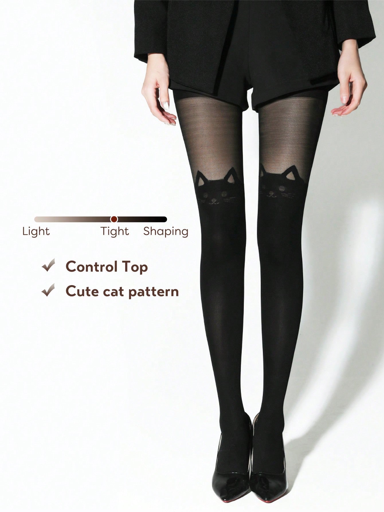 1pc Women's Sexy Black Cat Ear Jacquard Leggings Tights Stockings, High Stretchy Ultra-Thin Pantyhose