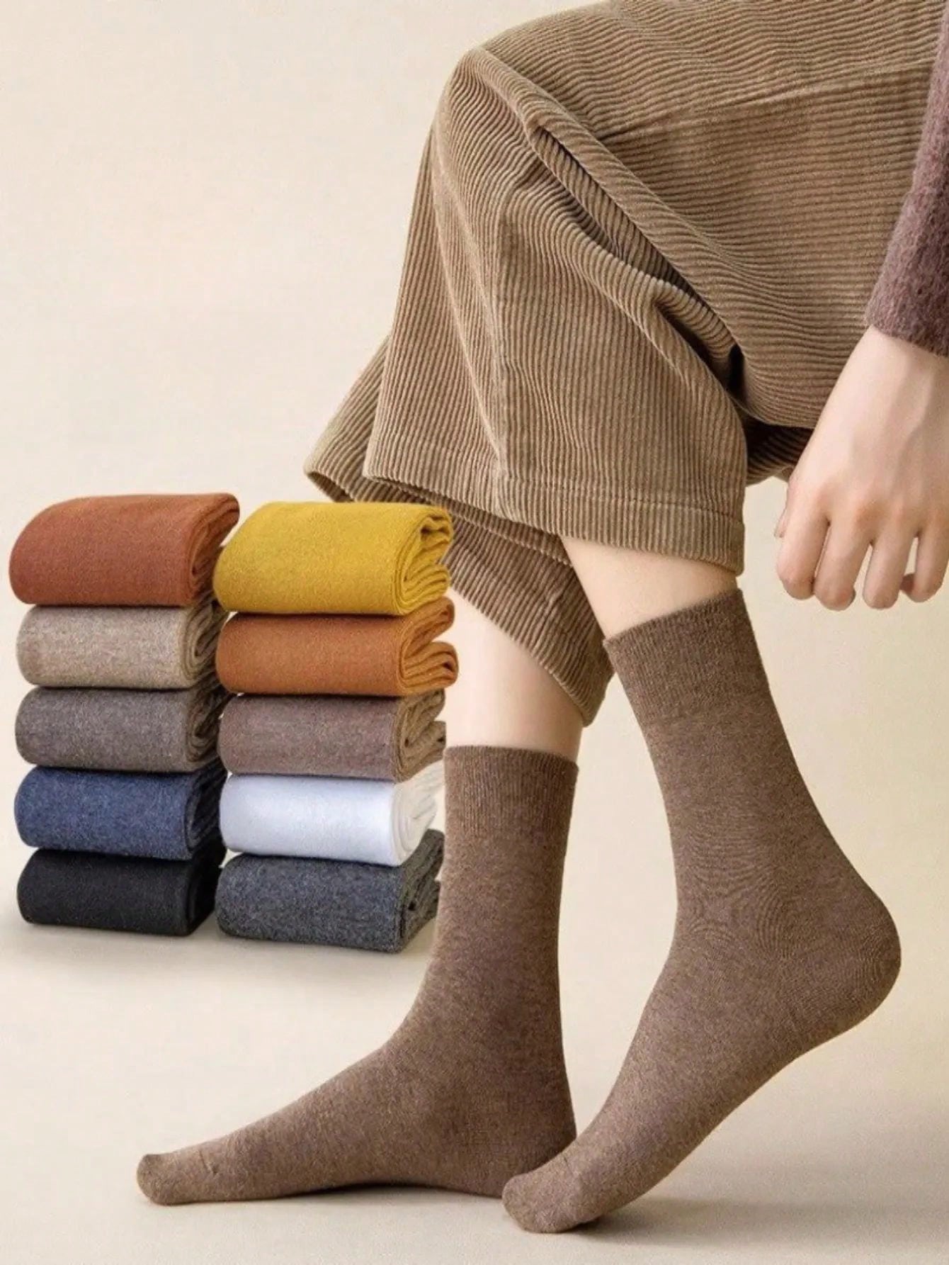10 Pairs Mixed Color Mid-Calf Socks, Casual & Comfortable Socks, Solid Color Trendy Tall Socks For Spring And Autumn