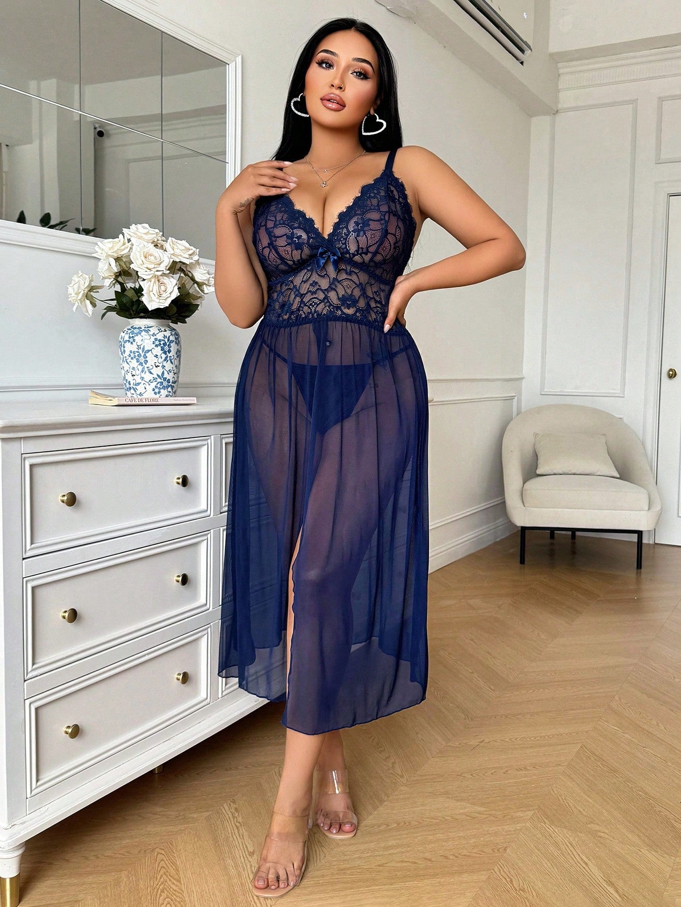 2pcs/Set Plus Size Lace Contrast Mesh Wireless Sexy Lingerie Dress + Thong