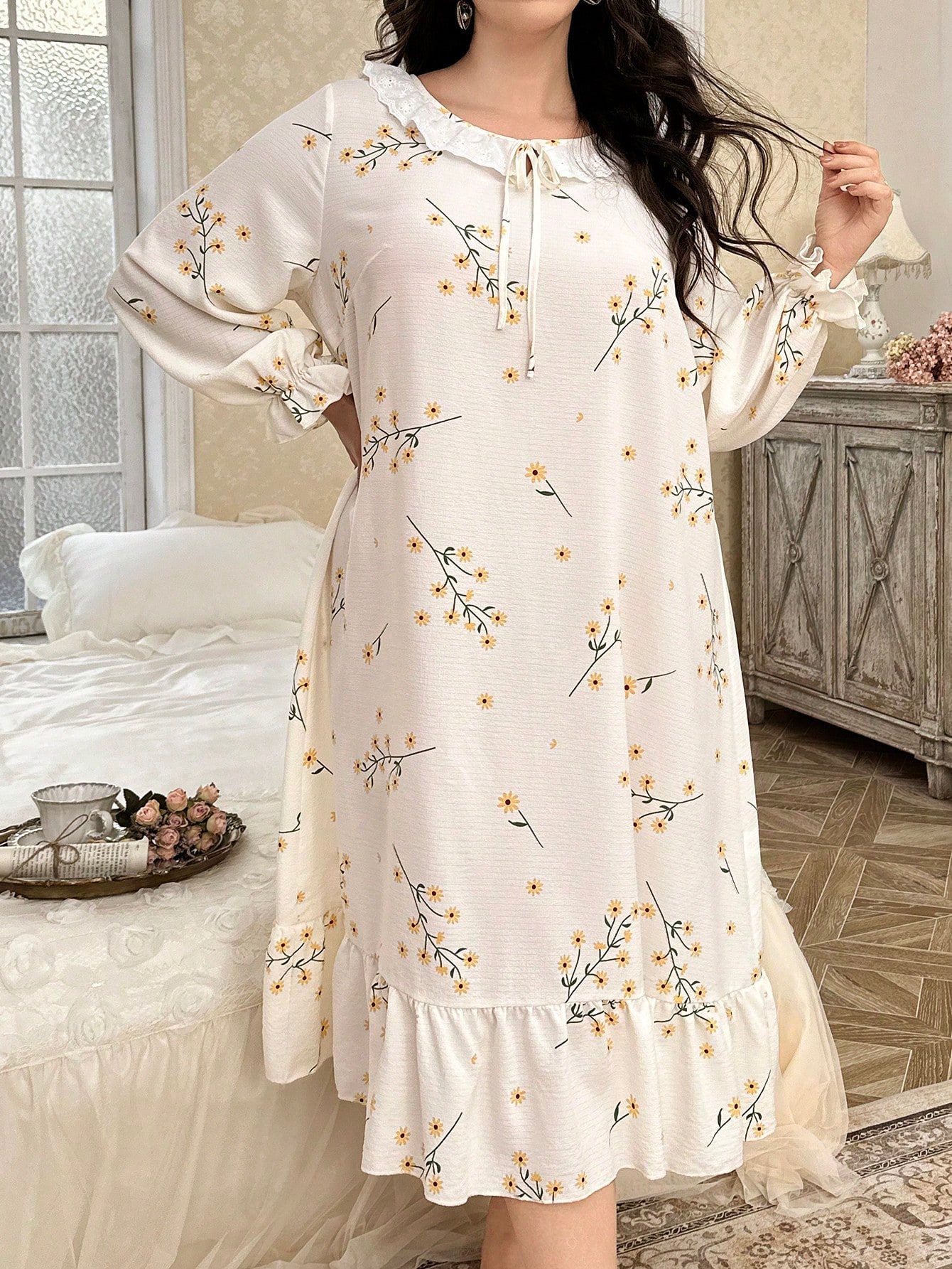 Plus Size Long Sleeve Nightgown With Embroidered Flower Trim, Tie-Neck Floral Print