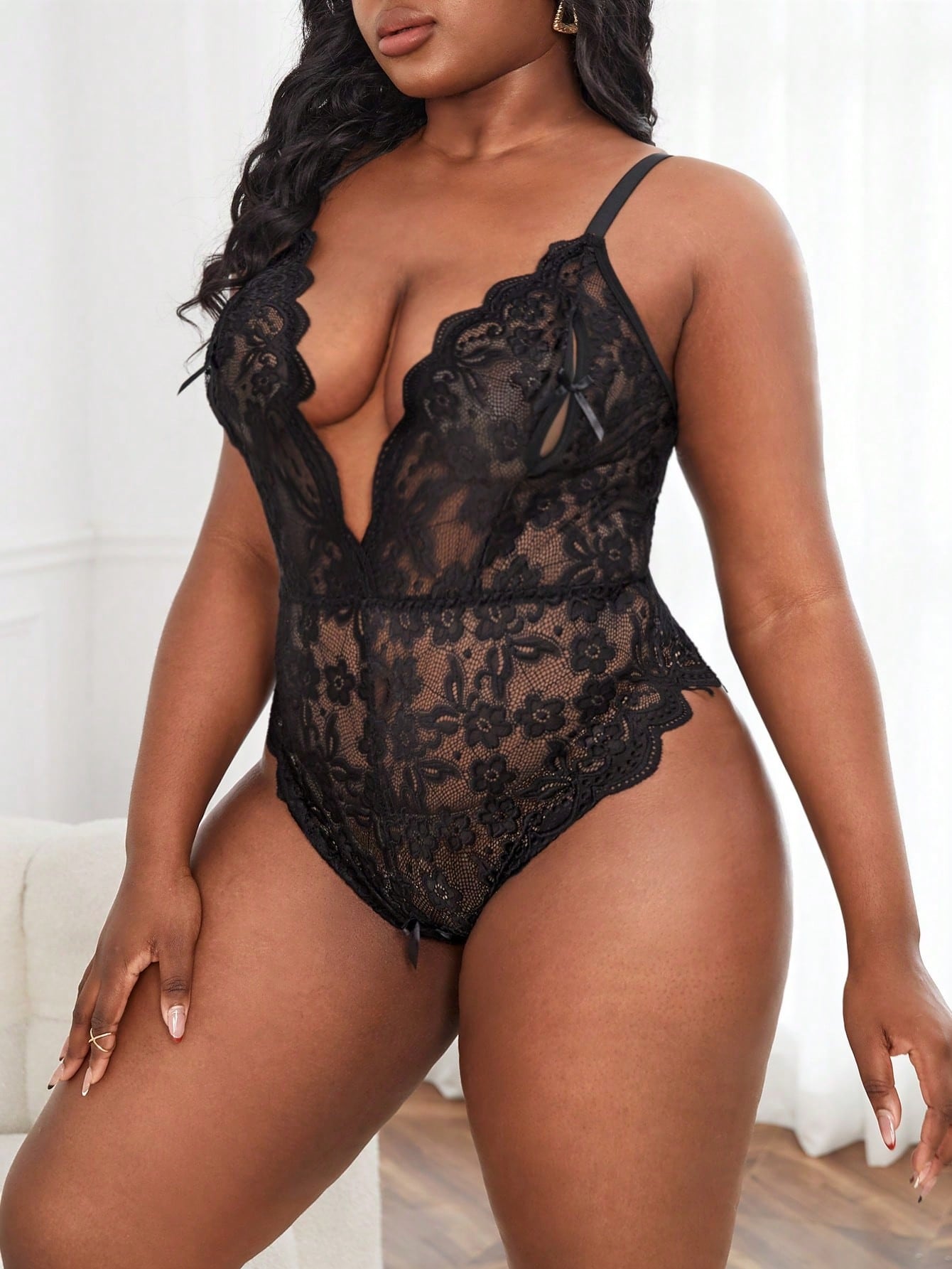 Plus Size Women Lace Sheer V-Neck Teddy Jumpsuit