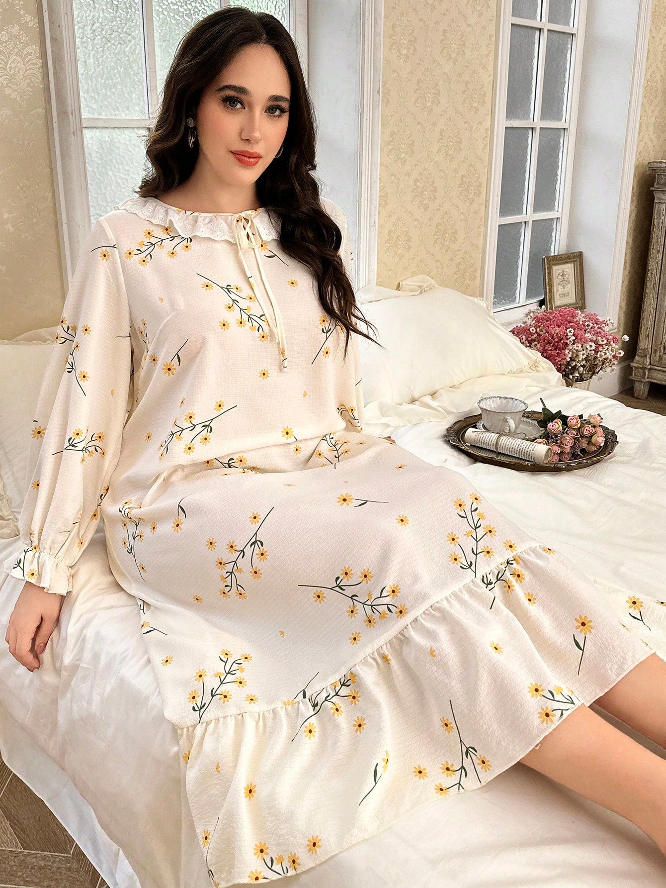 Plus Size Long Sleeve Nightgown With Embroidered Flower Trim, Tie-Neck Floral Print