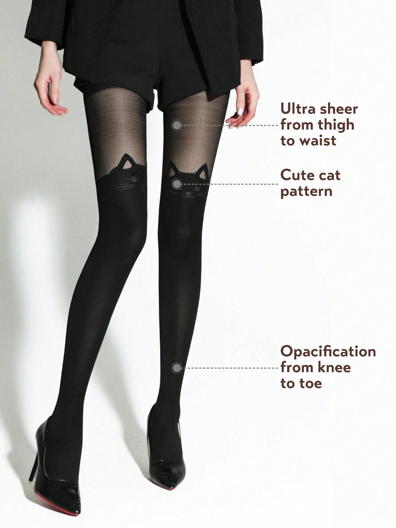 1pc Women's Sexy Black Cat Ear Jacquard Leggings Tights Stockings, High Stretchy Ultra-Thin Pantyhose