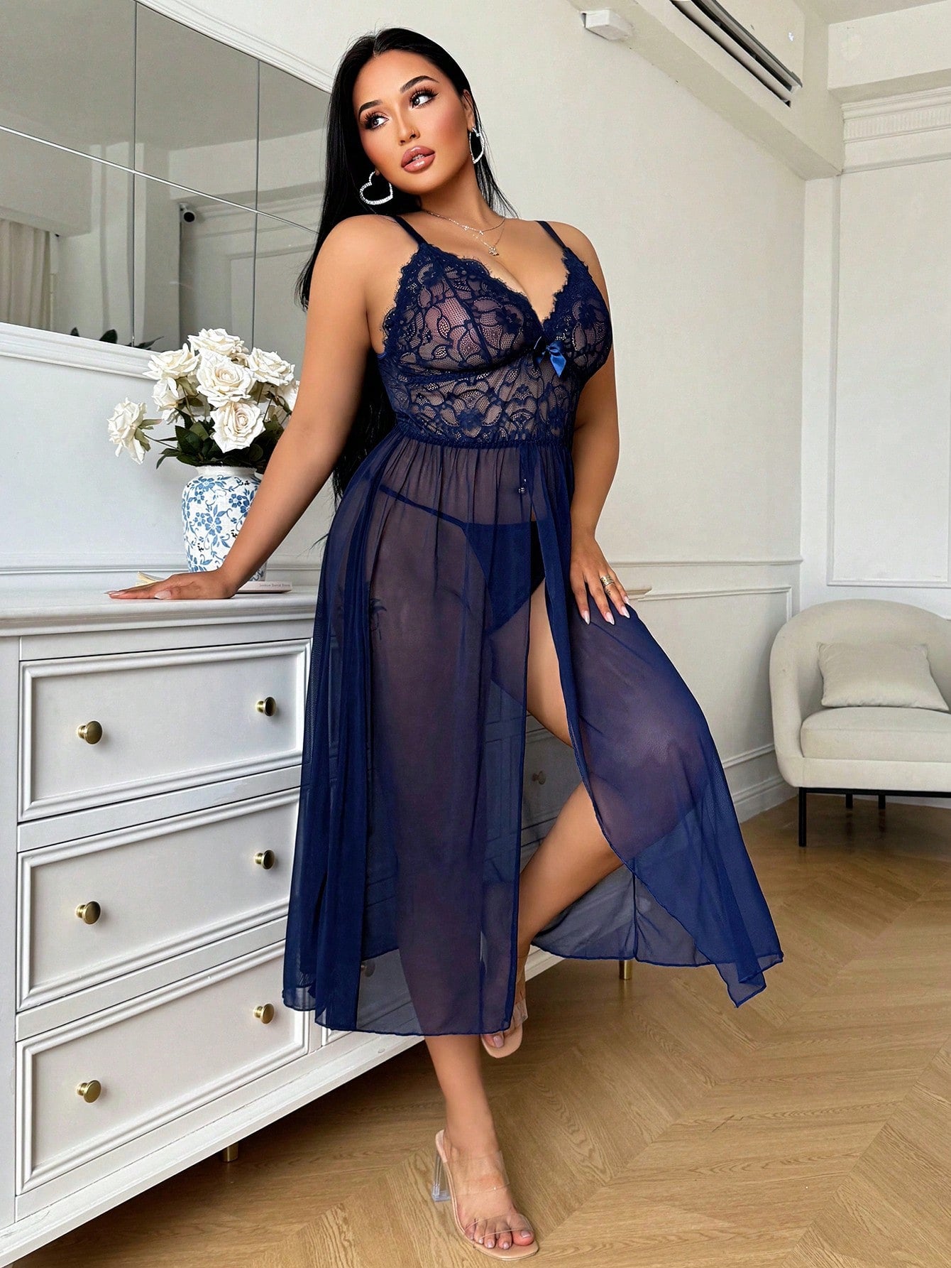 2pcs/Set Plus Size Lace Contrast Mesh Wireless Sexy Lingerie Dress + Thong