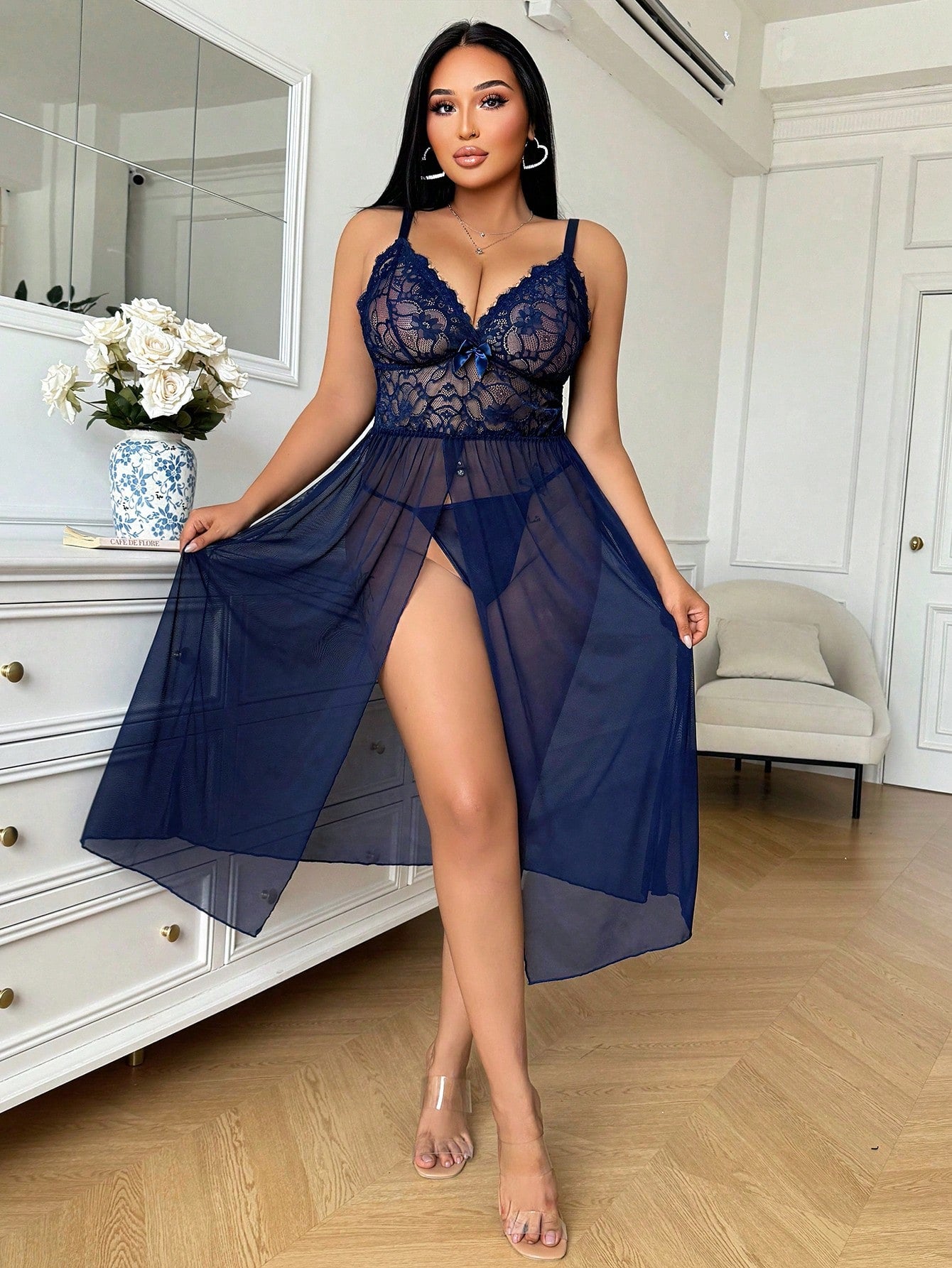 2pcs/Set Plus Size Lace Contrast Mesh Wireless Sexy Lingerie Dress + Thong