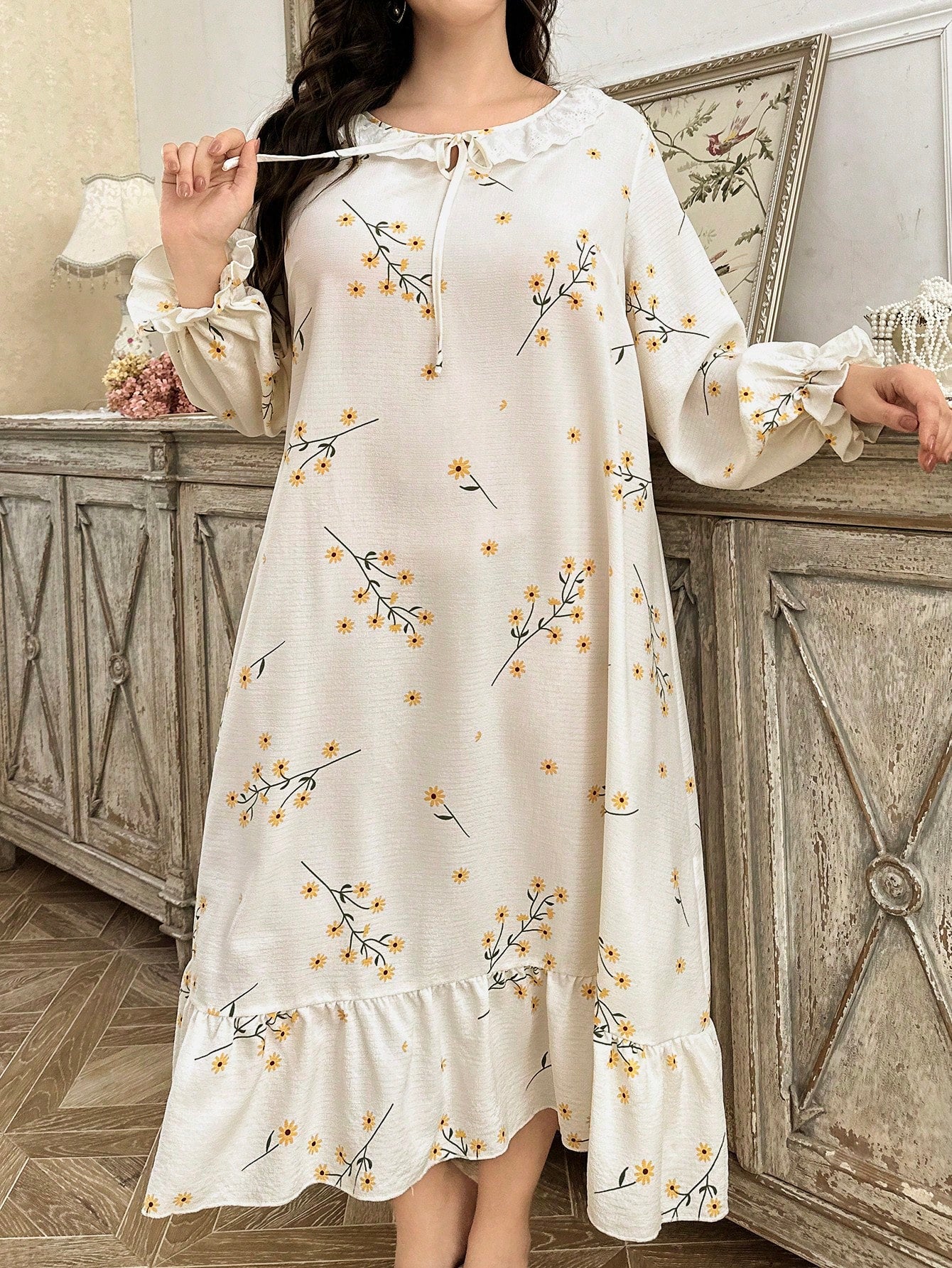 Plus Size Long Sleeve Nightgown With Embroidered Flower Trim, Tie-Neck Floral Print