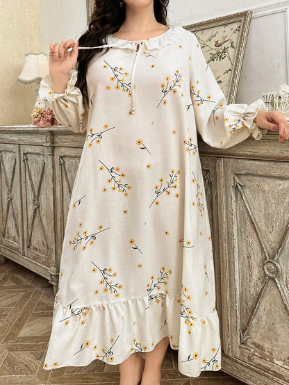 Plus Size Long Sleeve Nightgown With Embroidered Flower Trim, Tie-Neck Floral Print