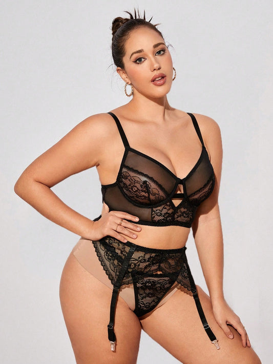 3pcs/Set Plus Size Women Sexy Pendant Mesh Insert Sheer Lingerie Set
