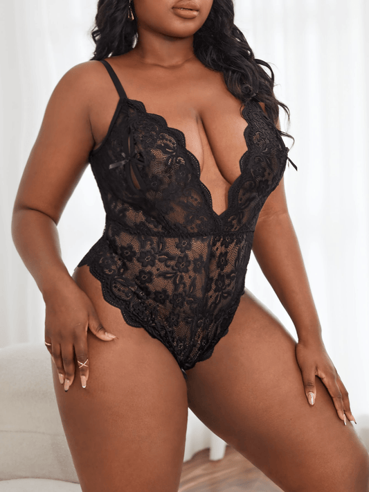 Plus Size Women Lace Sheer V-Neck Teddy Jumpsuit