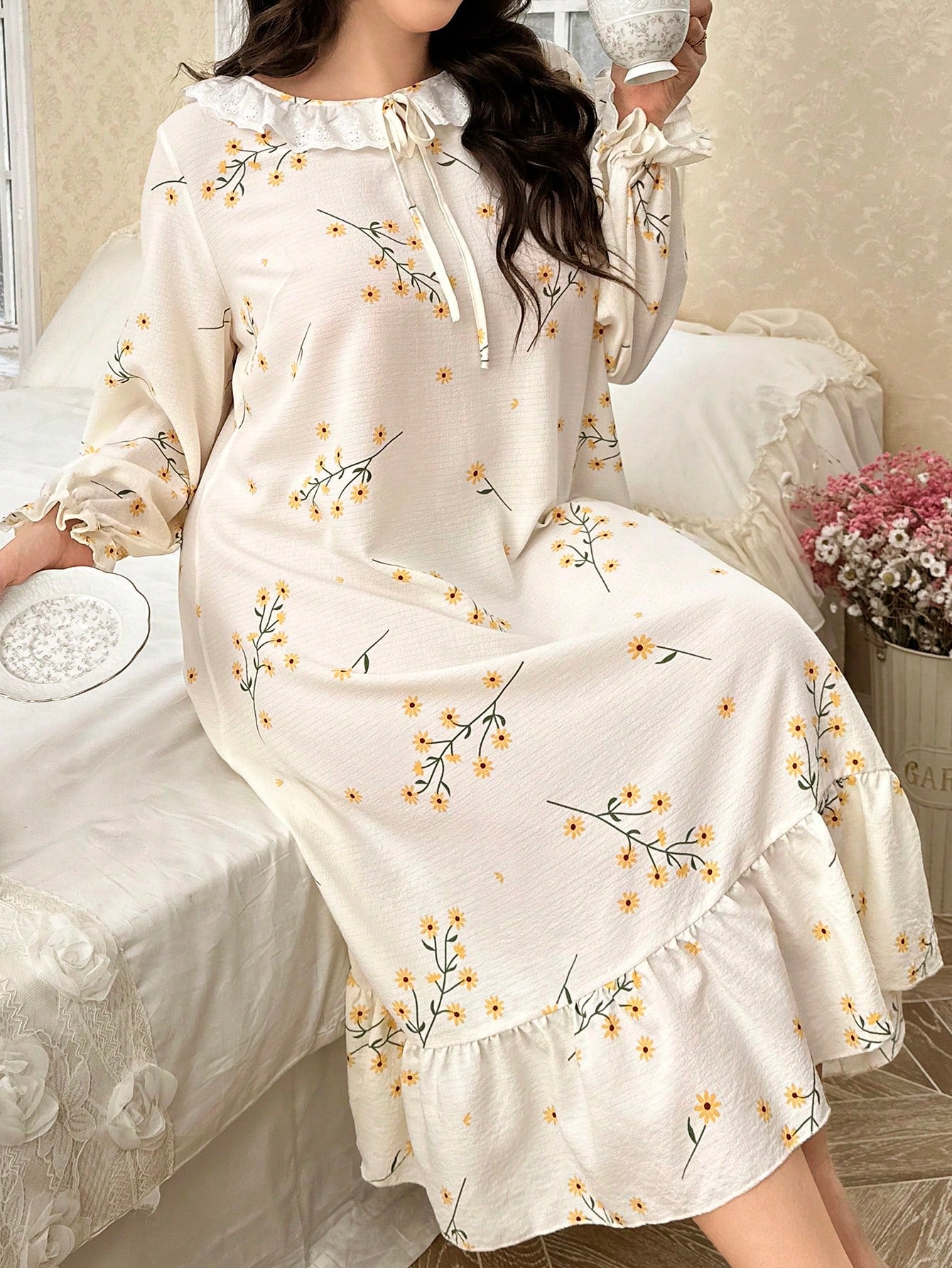 Plus Size Long Sleeve Nightgown With Embroidered Flower Trim, Tie-Neck Floral Print