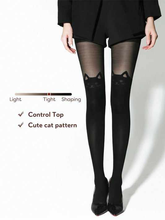 1pc Women's Sexy Black Cat Ear Jacquard Leggings Tights Stockings, High Stretchy Ultra-Thin Pantyhose