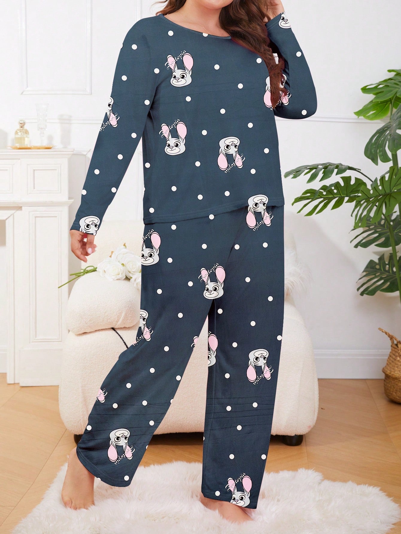 2Pcs Women Plus Long Sleeve Pajama Set,New Trendy Sleepwear Homewear For Autumn/Winter
