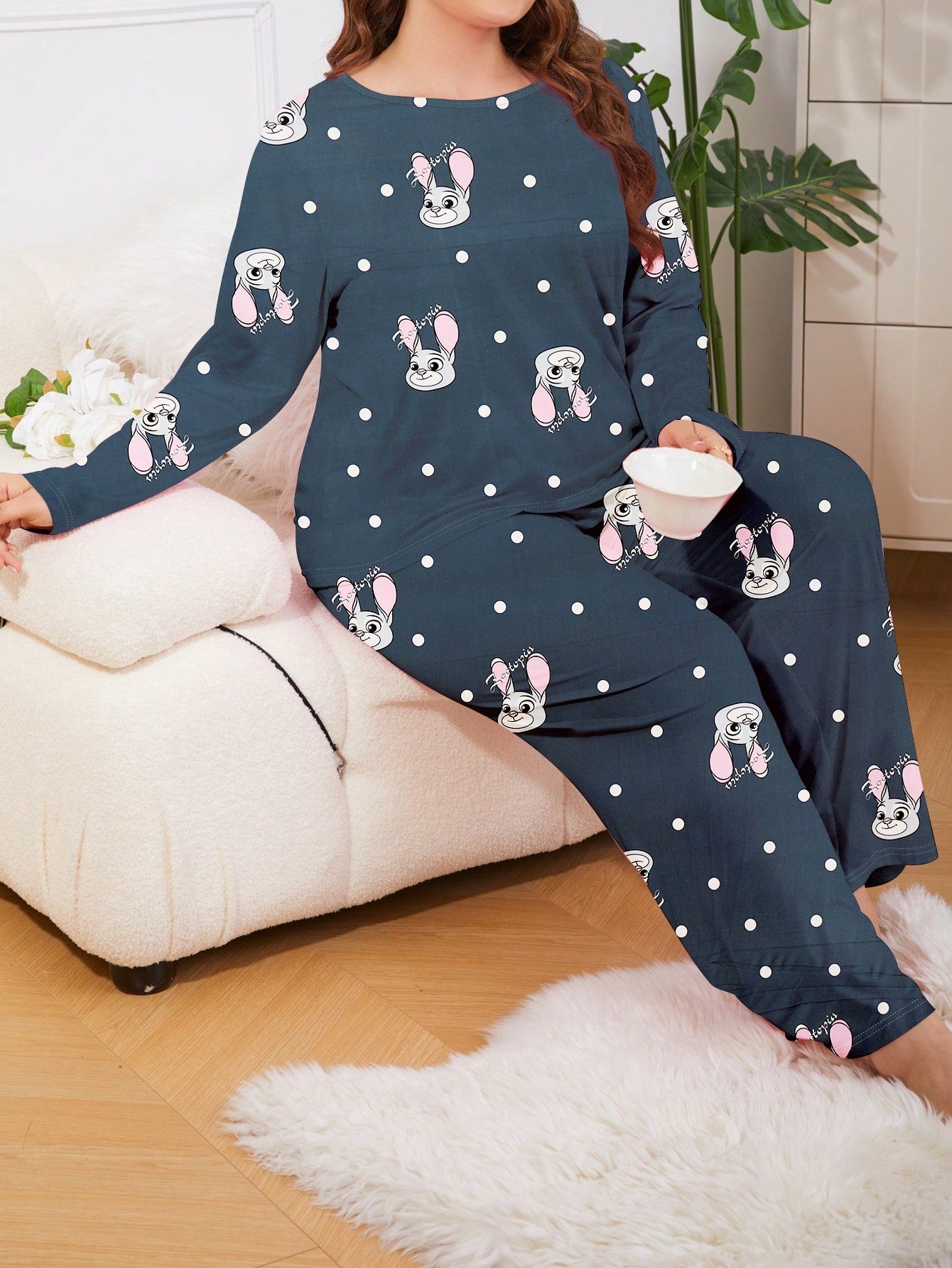 2Pcs Women Plus Long Sleeve Pajama Set,New Trendy Sleepwear Homewear For Autumn/Winter