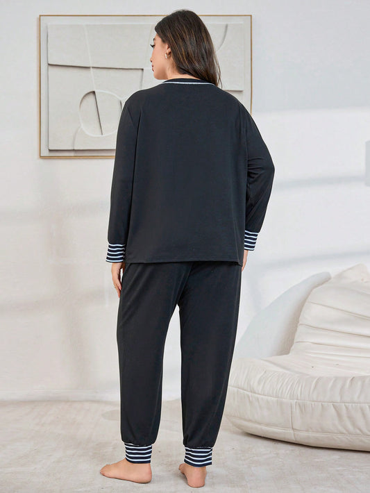 Plus Size Contrast Stripe Patchwork Casual Crew Neck Long Sleeve Pajama Set