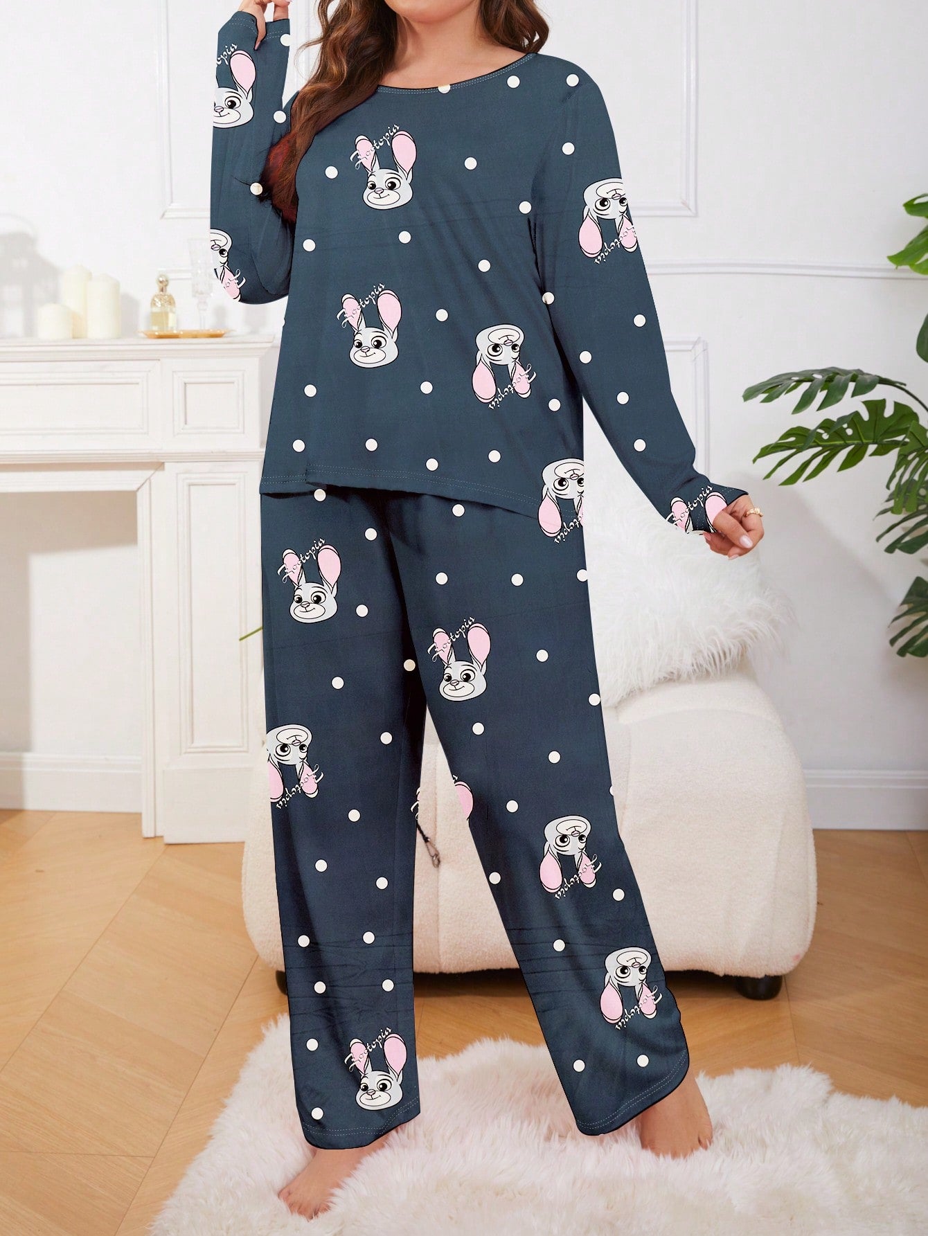 2Pcs Women Plus Long Sleeve Pajama Set,New Trendy Sleepwear Homewear For Autumn/Winter