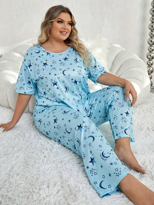 2pcs/Set Women Plus Size Pajamas Set, Crew Neck Long Sleeve T-Shirt & Long Pants