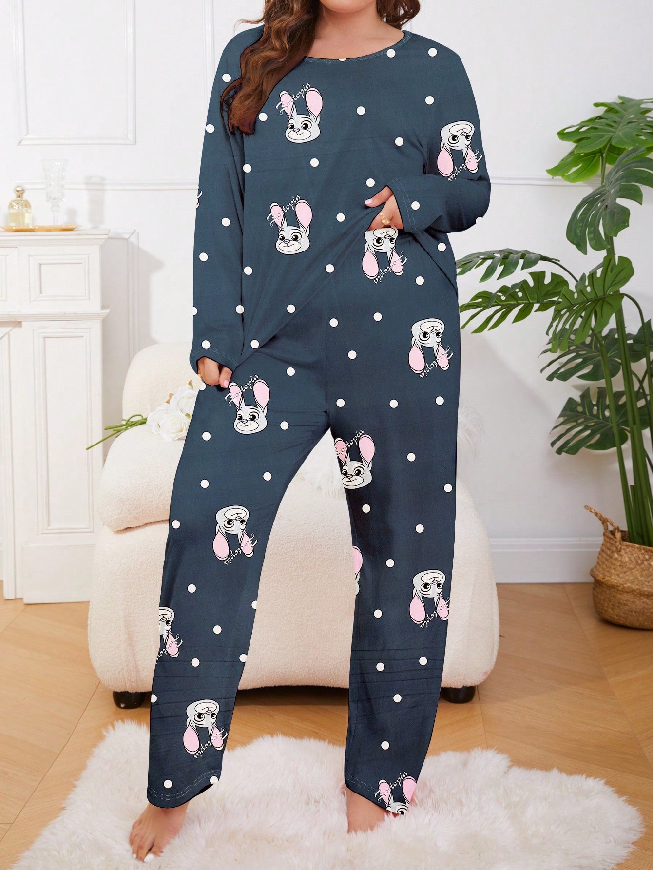 2Pcs Women Plus Long Sleeve Pajama Set,New Trendy Sleepwear Homewear For Autumn/Winter