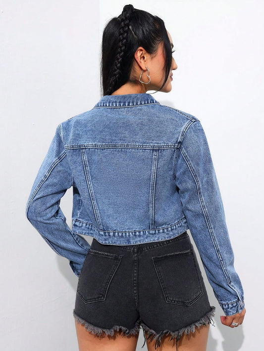 Tall Women's Front Button Long Sleeve Pocket Simple Casual Short Denim Jacket