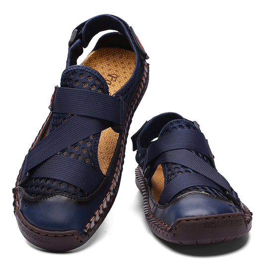 Men's shoes  Men Cow Leather Mesh Splicing Non Slip Hook Loop Casual Sandals