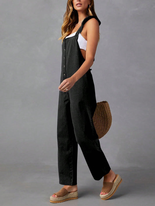 Women's Loose Fit Denim Overalls Jumpsuit With Ruffle Sleeves Button Down Straight Leg Jeans Long Romper