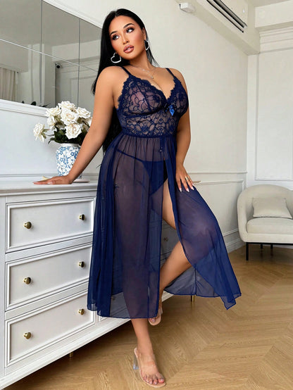 2pcs/Set Plus Size Lace Contrast Mesh Wireless Sexy Lingerie Dress + Thong